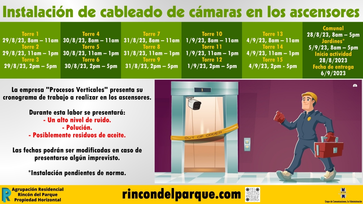 2023-08-24, Comunicado: Instalación de cableado de cámaras en los ascensores