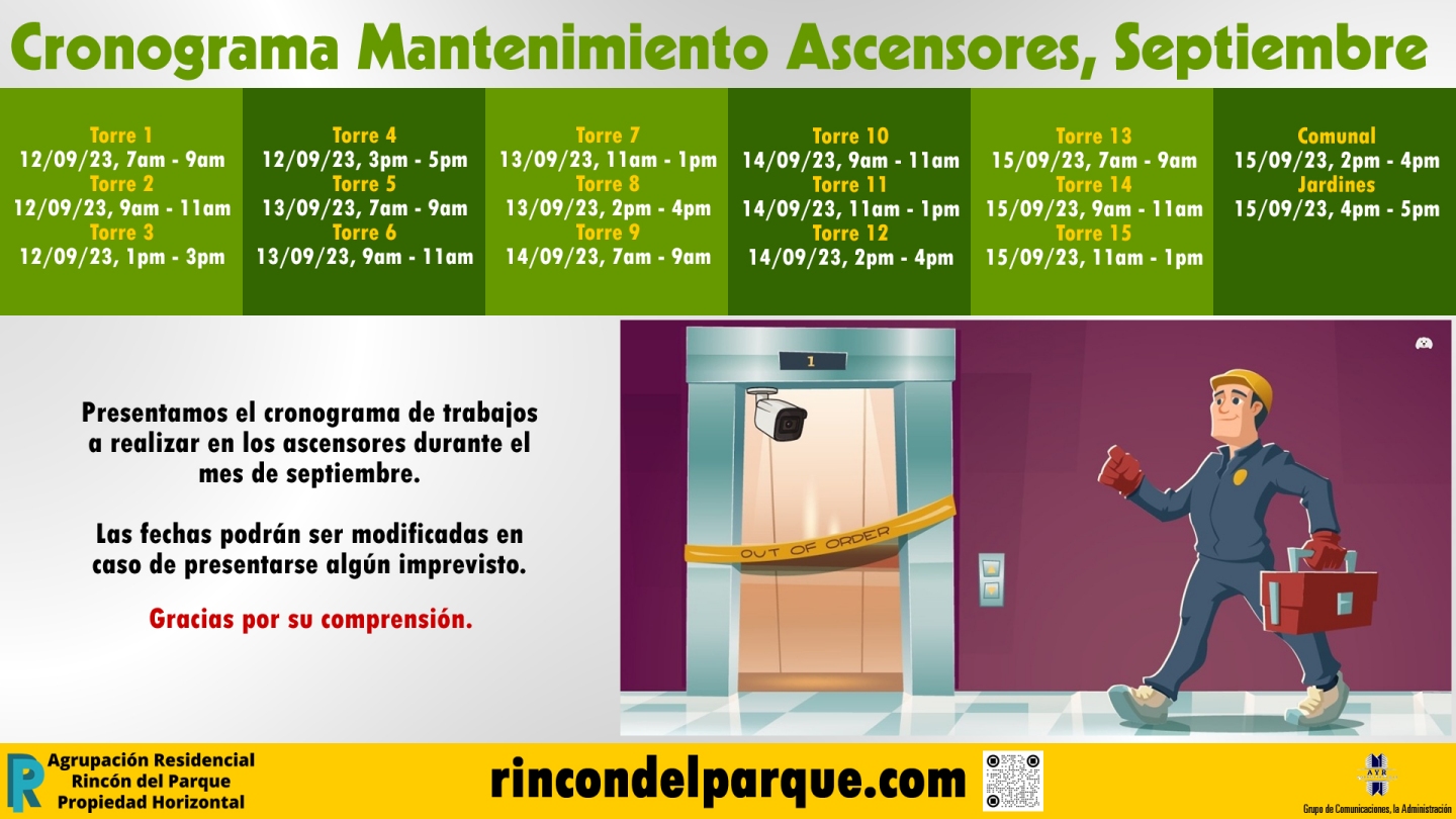 2023-09-11, Comunicado: Cronograma mantenimiento elevadores, Septiembre