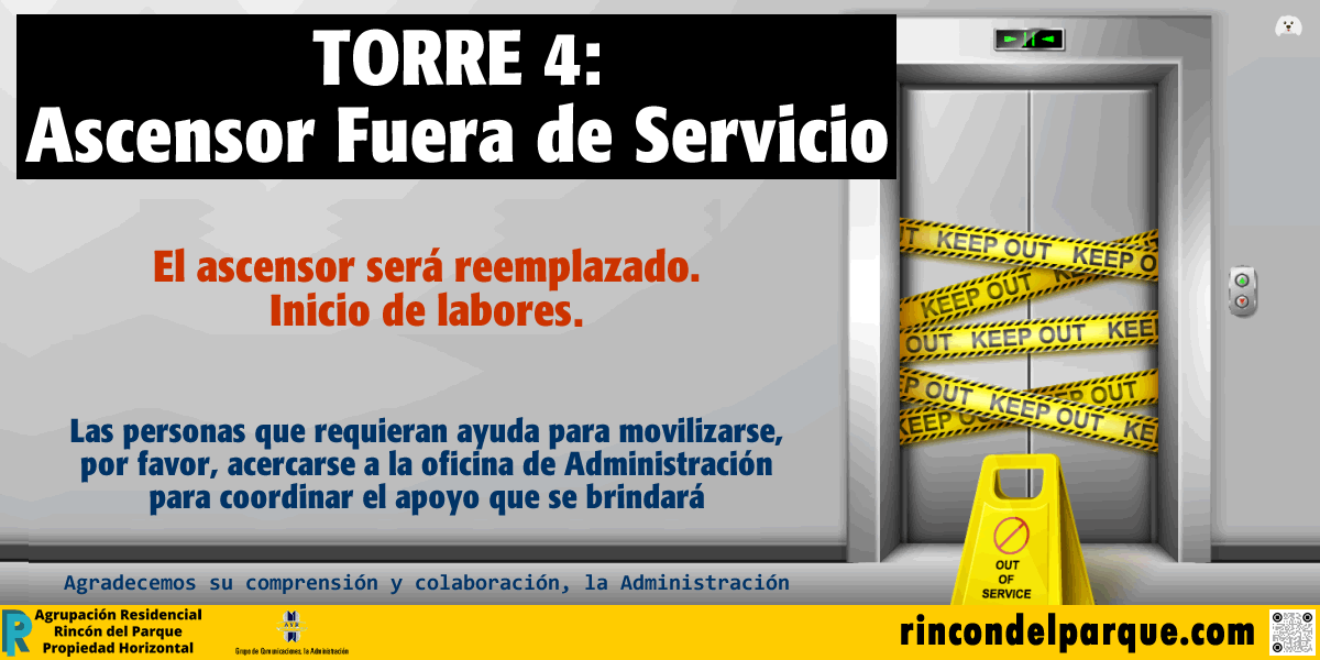 2024-11-06, Comunicado: Modernización Ascensor Torre 4, Inicio Labores